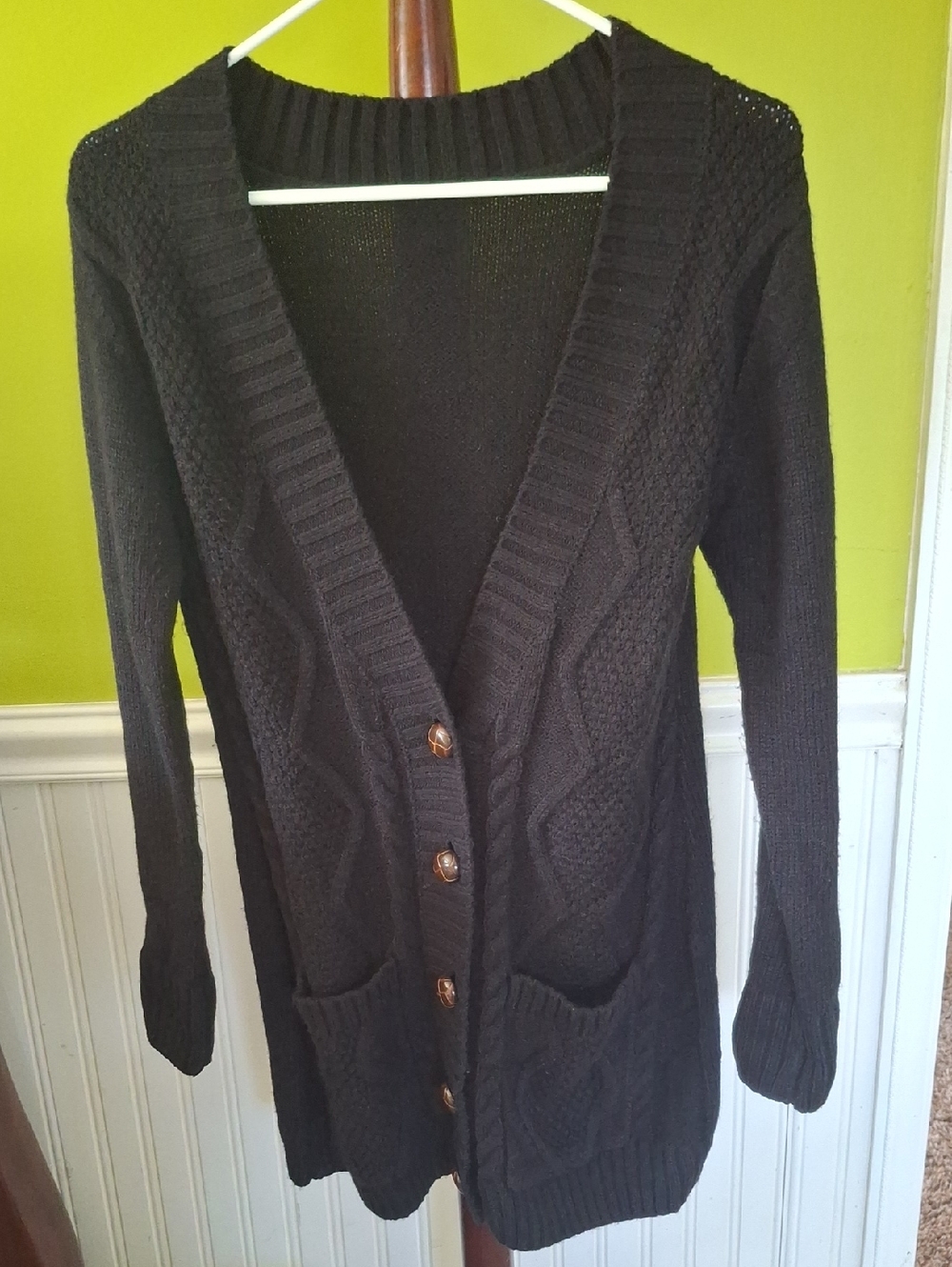 Black Long Cable-Knit Button Cardigan Sweater With Front Pockets